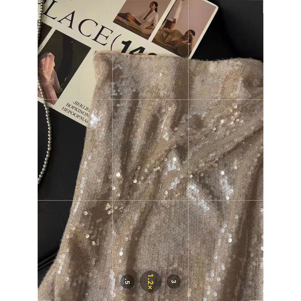 Vintage Sequin Shiny Club Party Skirt For Women Elegant Lace Patchwork Midi Skirts Office Fashion Folds Slim A-Line Skirt 517A