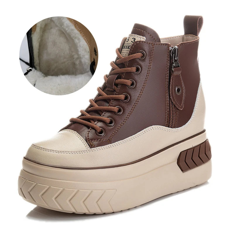 High Top Women Shoes Genuine Leather 8cm Platform Boots Ankle Wedge Hidden Heel Zip Autumn Warm Fur Winter Shoes Sneakers