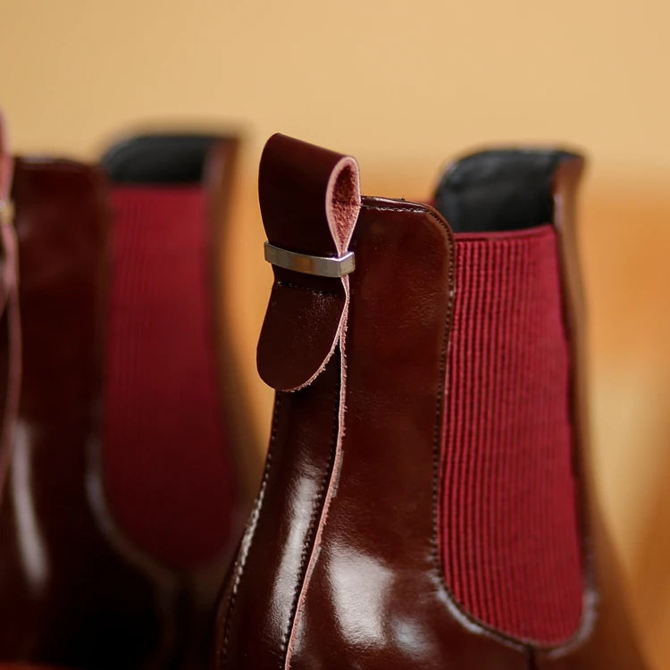 Winter Genuine Leather Chelsea Boots Women Shoes Retro Round Toe Women Platform Thick Heels Short Booties Autumn