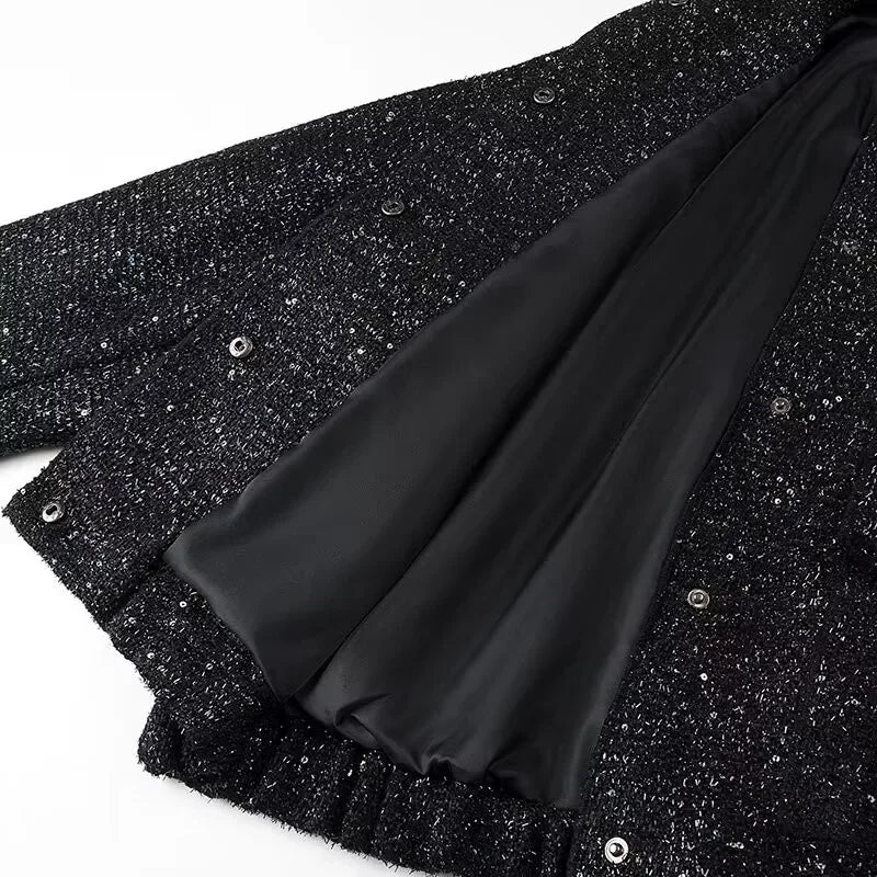 Women's Sequined Bomber Jacket Fall New Round Neck Long Sleeve Pocket Stretch Hem Sequins Jacket Coat Female Chic Outerwear