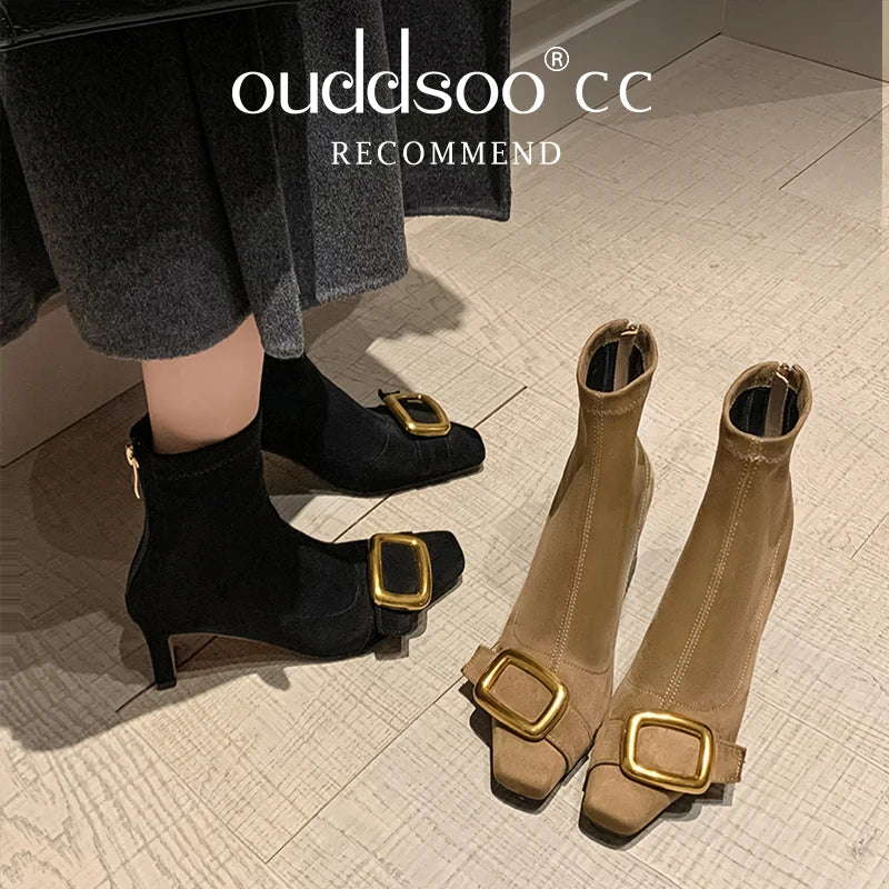 Ods Personalized Low-heeled Fashion Boots for Fall/winter New Pointed Metal Square Buckle Back Zipper Stretch Thin Ankle Boots42