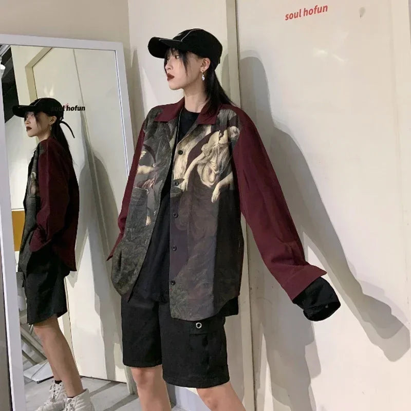 Vintage Blouse Shirt Japanese Clothes Oversized Blusas Fashion Print Women Blouses Long Sleeve Oversized Tops Men Clothes Blusas