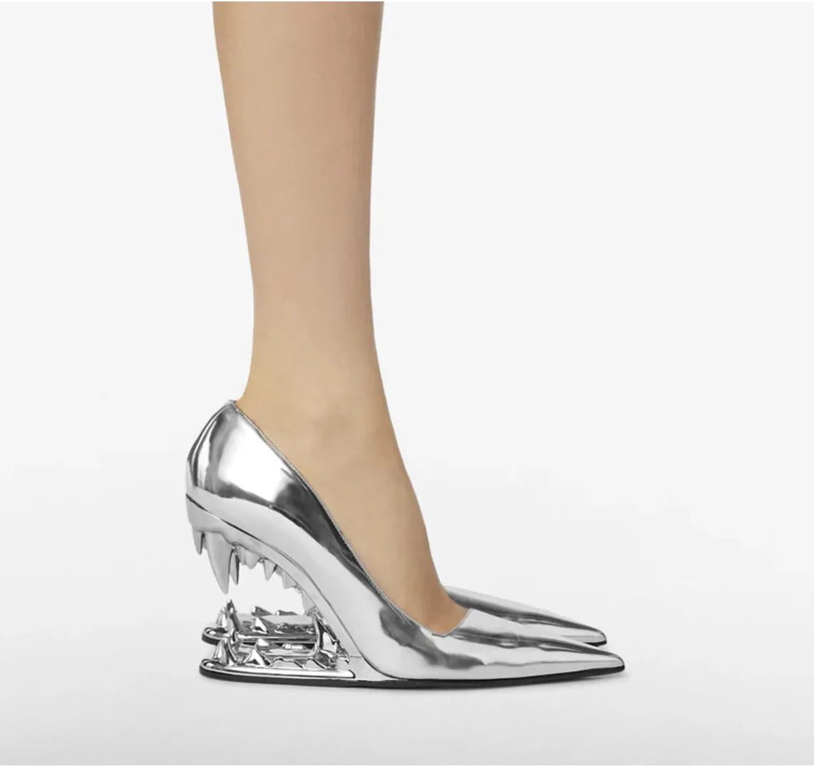 Sexy Pointy Toe Super High Heel Pumps Women Metal Tiger Tooth Heel Runway Pumps Lady Fashion Show Shoes Night Club