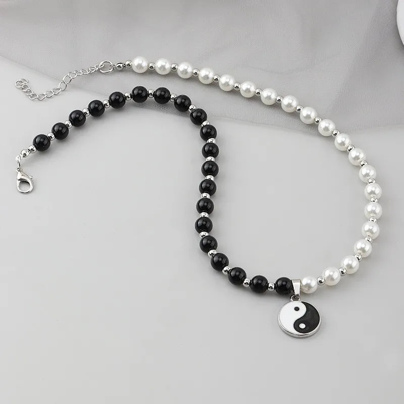 Black White Taoism Yin Yang Round Charm Beaded Faux Pearl Tai Chi Choker Necklace for Men Women Protection Lucky Jewelry Gifts