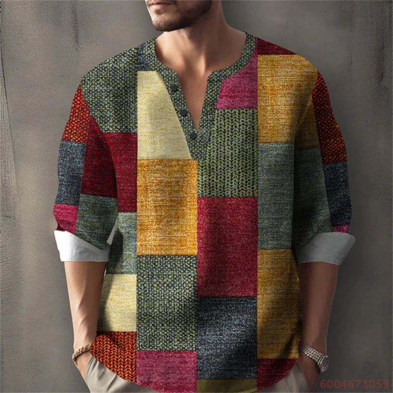 Men's Long-Sleeved Shirt for Summer Vacation, Featuring a Color-Blocked Geometric Print and Henley Collar; Stylish Men's Shirt.
