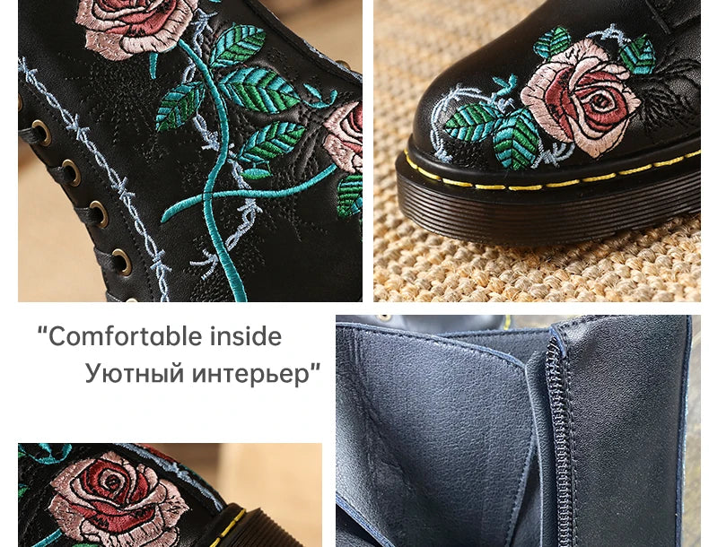 Ods Handmade Embroidery Rose Flower Retro Lace-up Mt Woman Genuine Leather Round Toe British Style Ankle Boots Big Size 40414243