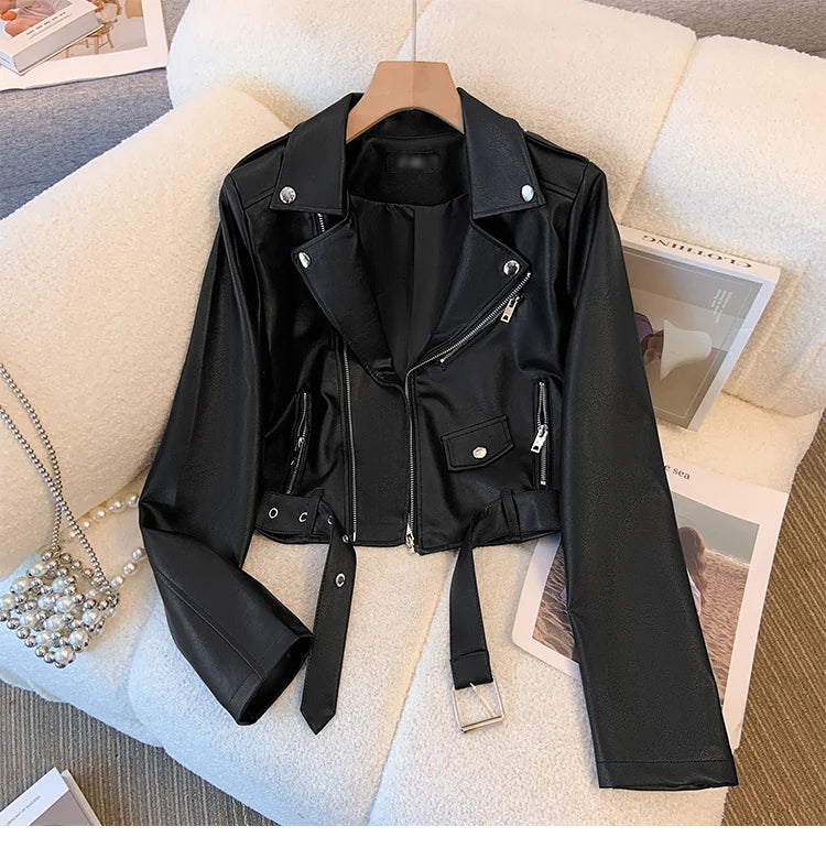 Blue PU leather jacket for women's spring autumn short Street style 2025 new retro motorcycle Leather Coat top