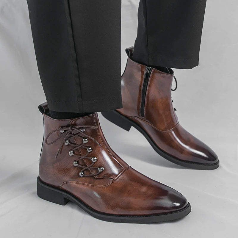 Autumn New Men's Pointed Side Zipper Comfortable High Top Boots Fashionable Brand Men Business Banquet Personalized Short Boots