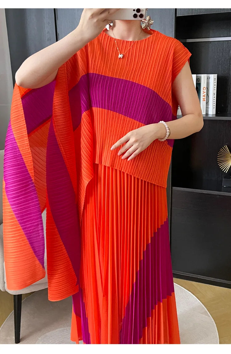 Miyake Pleated Two Piece Skirt Sets Women Sleeveless Irregular T-shirt Long Contrasting Color Skirt