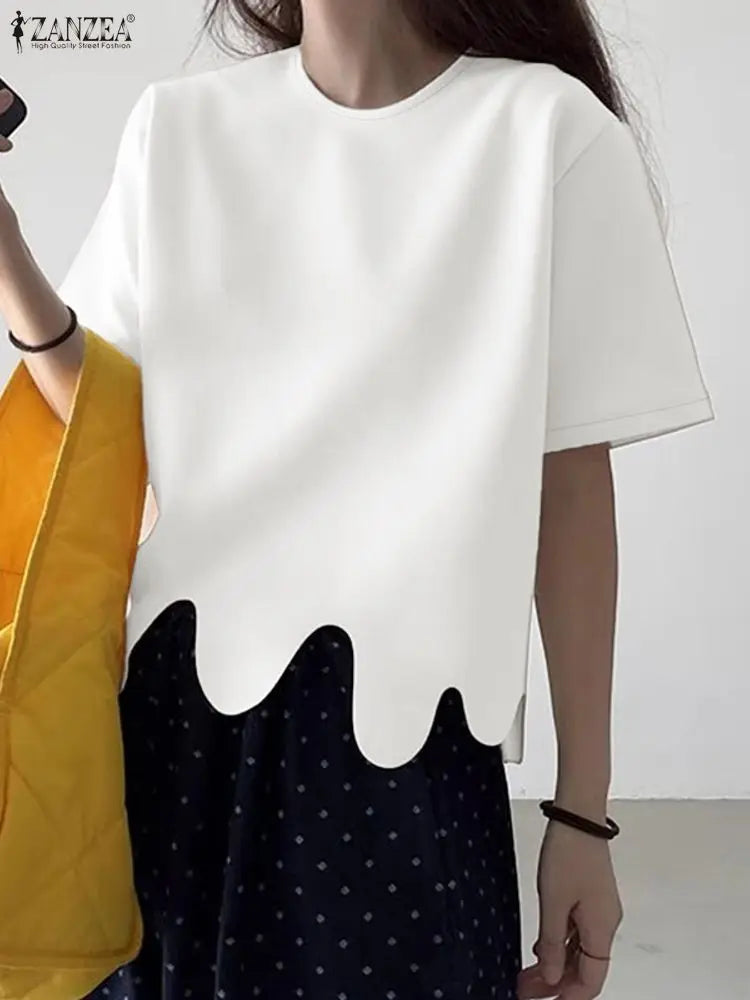 2025 ZANZEA Stylish Summer Blouse Women O Neck Short Sleeve Tops Elegant Solid OL Work Shirt Female Irregular Hem Blusas Mujer