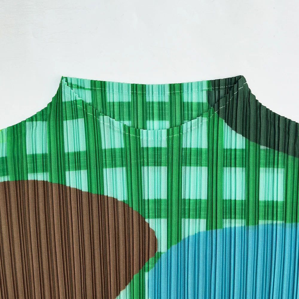 Miyake Elegant Green Plaid Color Block Print Pleated Top Mock Neck Half Sleeve Elastic Tee Daily Commute Office