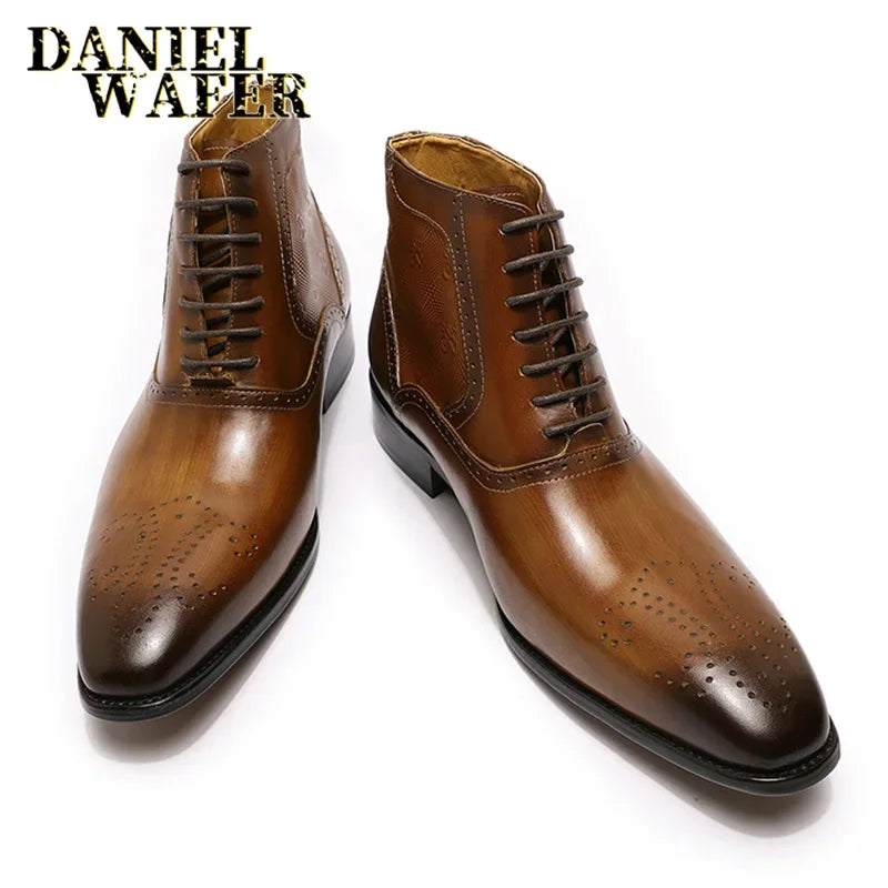 Luxury men's genuine leather ankle boots stylish lace-up pointed toe formal shoes for wedding office basic men's shoes