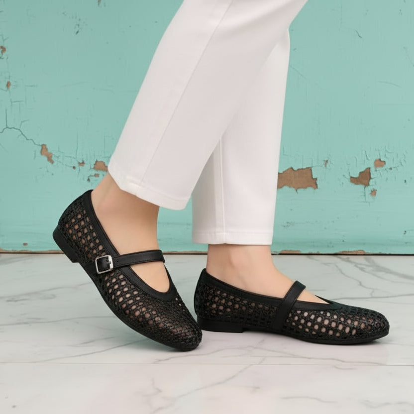 In style Fashion Summer Woven Women Ballet Flats Breathable Hollow out Mary Janes Leather Lazy Walking Loafers Girls Shoes