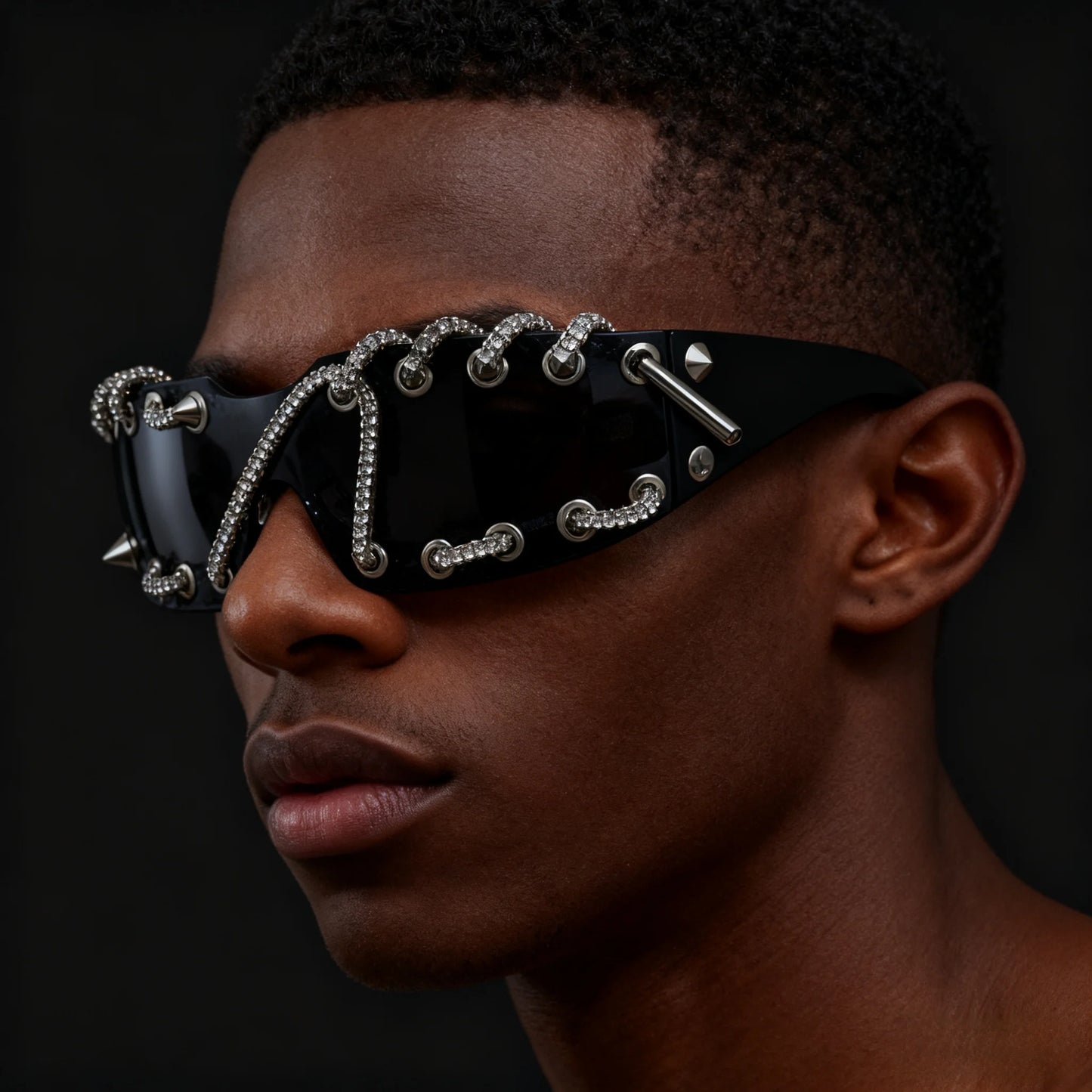Punk Luxury Rhinestone Chain Sunglasses for Men Women One-piece Frameless Trendy Original Design Streetwear Party Shades