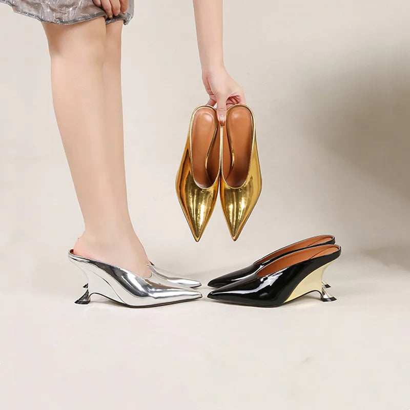 2024 New Design Fashion  Platform Wedges High Heels Mule Women Slippers Concise Shallow Pointed Toe Party Dress Ladies Shoes