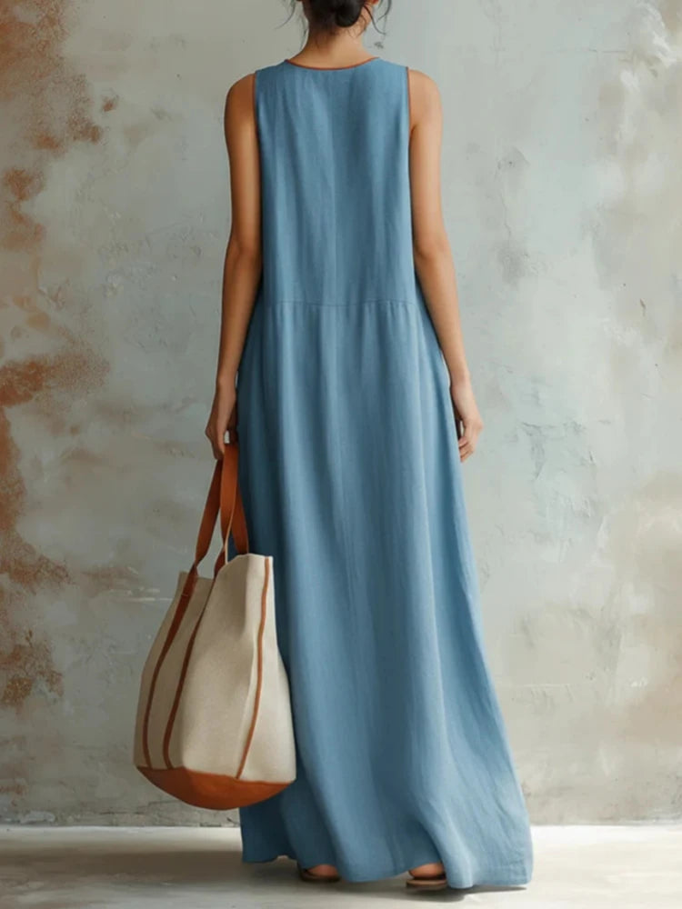 Women Boho Sleeveless Maxi Dress Deep V Neck Flowy Long Tank Dress Summer Casual A-line Loose Color Blocking Pockets Dresses