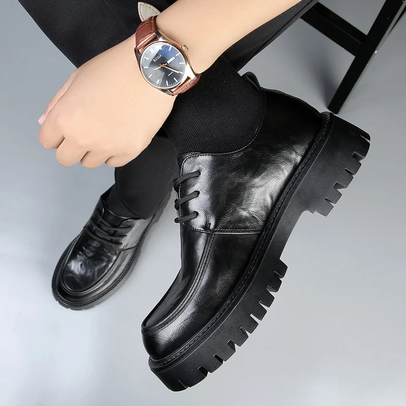 Men's Fashion Genuine Leather British Style Thick Bottom Work Shoes Classic Lace Up Comfortable Anti Slip Big Head Leather Shoes