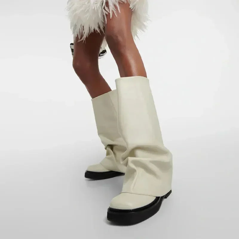 Women's Chunky Leather Flats & Knee Boots - Square Toe Loose Fit Spring-Autumn Casual Shoes with Pleated Pants