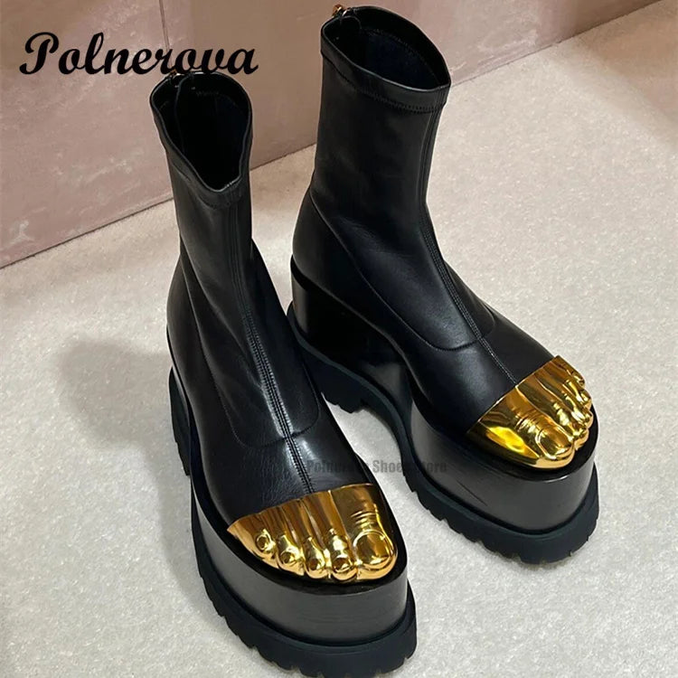 Gold Brass Toes Boots Women Five Gold Fingers Booties Back Zippers High Top New Fashion Banquet Runway 2024 Zapatos Para Mujere