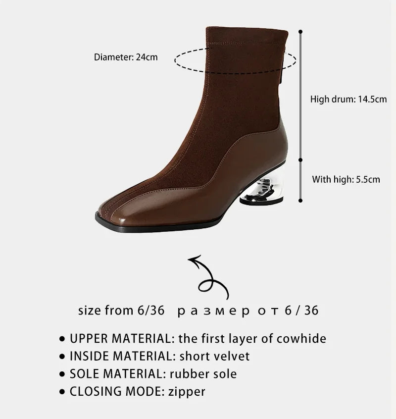 Modern Square Toe Chunky Woman Genuine Leather Ankle Boots Designer Suede Mid innovative Heels boots.