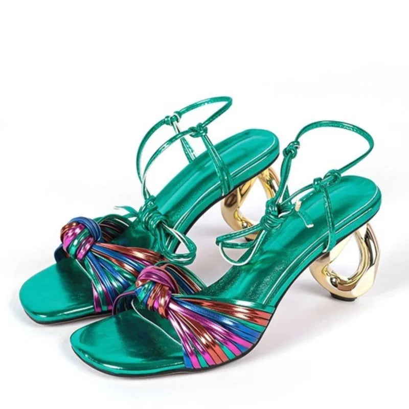 French Style Colorful Narrow Band Sandals Women High Strange Heels Ankle Wrap Party Wedding Sandals Ladies Dress