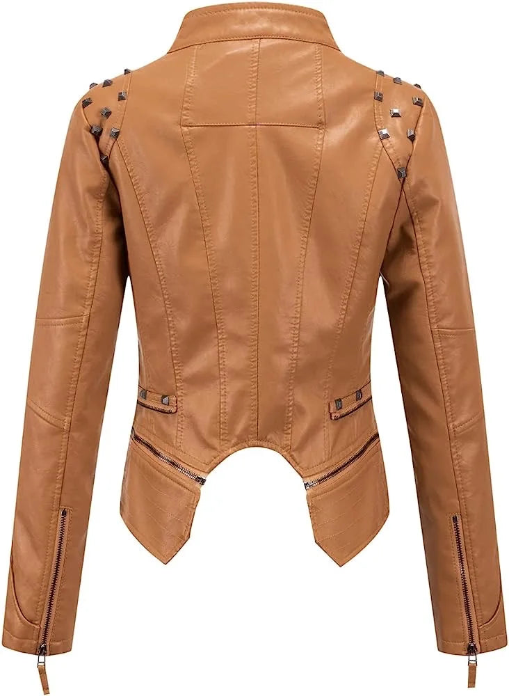 2025 2026 Winter- Spring New Style Suit Collar Rivet Waist Short Washed Pu Leather Jacket