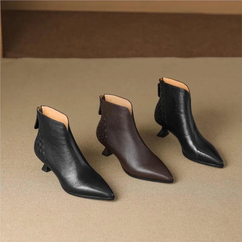 Elegant Sheepskin Leather Retro Ankle Boots Women Pointy Toe Med Thin Heels Office Lady Braided Boots Party