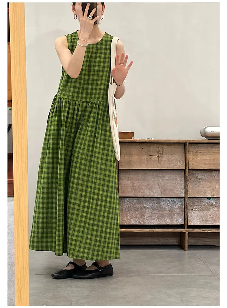 Slimming Plaid Cotton Lin Svel Long Dr Women's plus Size Dstring Waist round Ne Vest Skirt Commute Sle Summer...