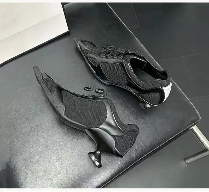 Sport Style Fashion Mixed-color Pointed toe Women Pumps Spring Autumn Breathable Mesh Strange High heels Casual Sneakers Shoes