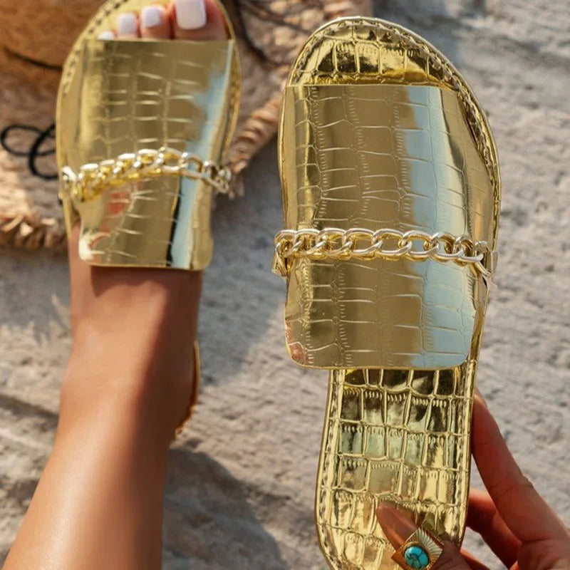 Women's Large Size Chain Flat Sandals 36-43 Summer 2026 Fashion Casual Versatile Open Toe Slippers Versatile Comfortable Sandals