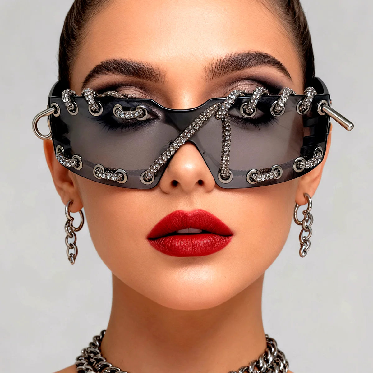 Punk Luxury Rhinestone Chain Sunglasses for Men Women One-piece Frameless Trendy Original Design Streetwear Party Shades