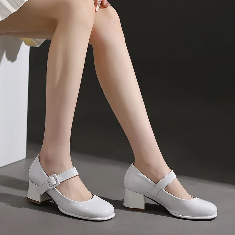 Spring Autumn Women Platform Mary Janes High Thick Heel Orange Red Patent Leather Dress Office Lady Round Toe Buckle Strap Pumps