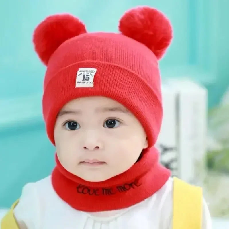 Autumn Winter Warm Baby Knitted Hats with Scarf Kids Knit Beanie Caps Solid Color Children's Hat Toddler Boys Girls Accessories