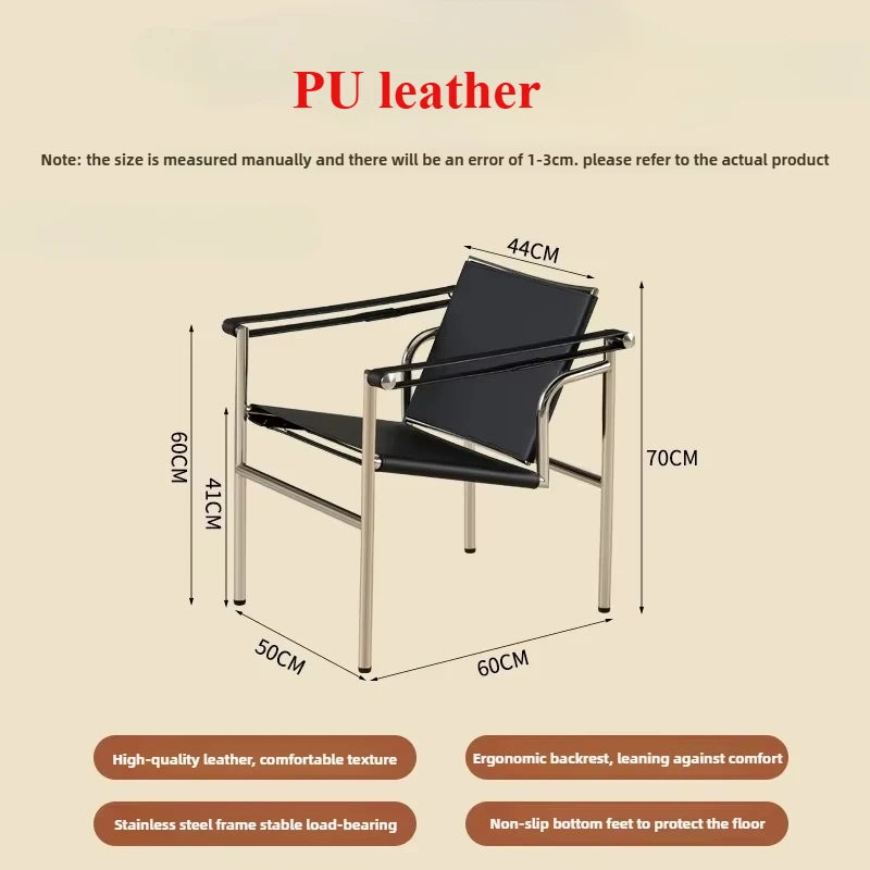 Italian Simple Saddle Chair, Single Leather Stainless Steel Leisure Chair Minimalist Single Black Sofa Chair Living Room Design