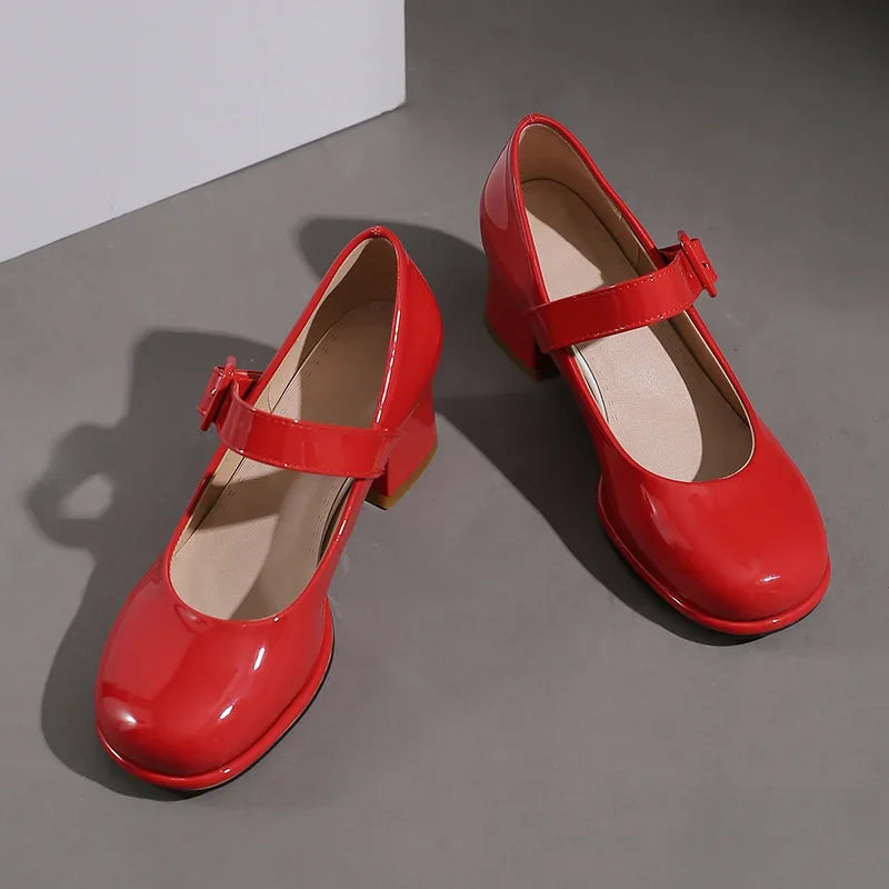 Spring Autumn Women Platform Mary Janes High Thick Heel Orange Red Patent Leather Dress Office Lady Round Toe Buckle Strap Pumps