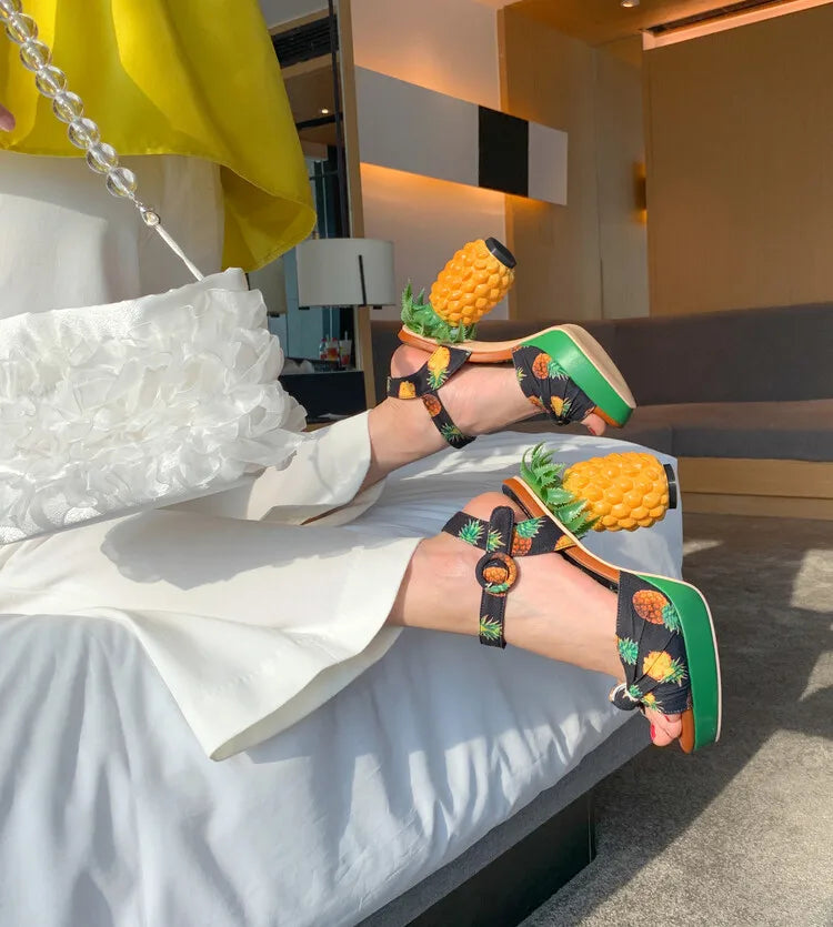 Sweet Lady Pineapple Heels High Heels Women's Thick Bottom Water Platform Printed Fabric Personalized Ultra High Heels Oversize