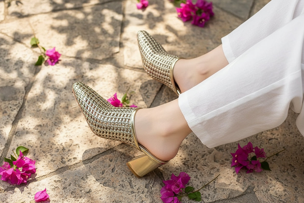 Elegant Braided Mules Women Covered Toe Breathable High Thick Heels Slippers Ladies Office Shoes Party Dating