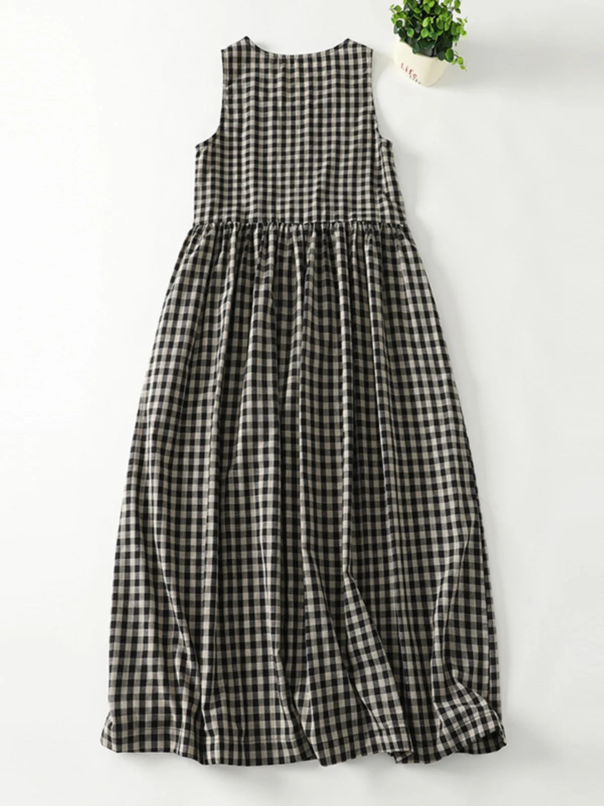 Retro Japanese Sle Linen Plaid Vest Dr Women Summer Loose Cotton Linen Svel Midi Dr A-Line Skirt round Ne