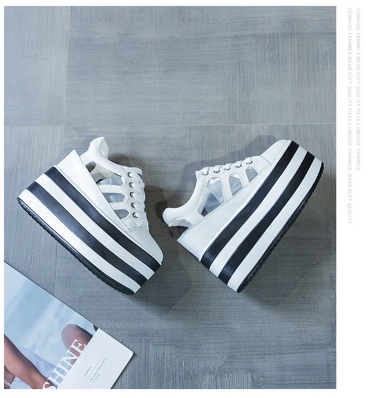 Fujin 12cm Platform Wedge Shoes Sandals for Women Sneakers Summer Shoes Hollow Cut Summer Sneakers Genuine Leather