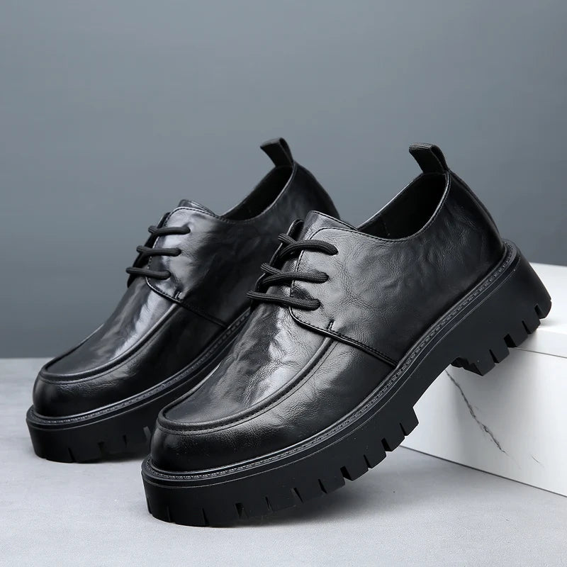 Men's Fashion Genuine Leather British Style Thick Bottom Work Shoes Classic Lace Up Comfortable Anti Slip Big Head Leather Shoes