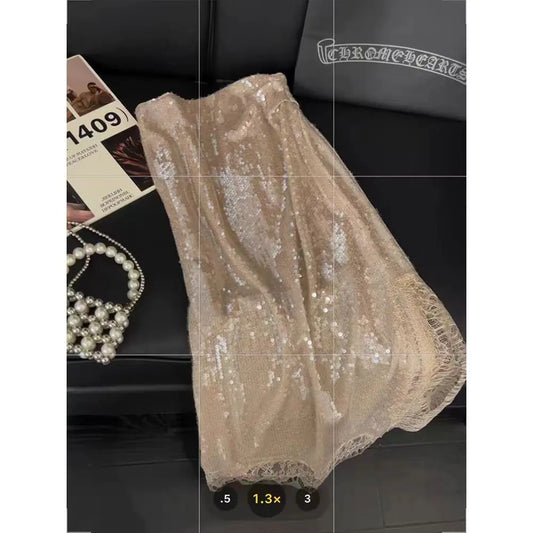 Vintage Sequin Shiny Club Party Skirt For Women Elegant Lace Patchwork Midi Skirts Office Fashion Folds Slim A-Line Skirt 517A