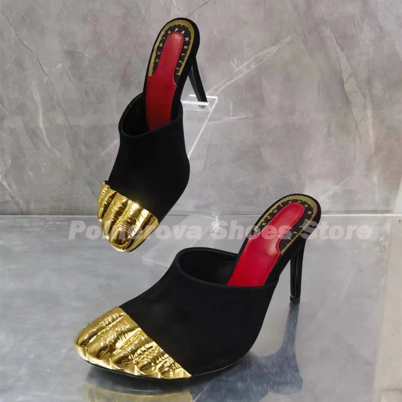 Gold Brass Toes Mules Women Slippers Stiletto Ankle Straps Summer Suede Ladies Summer Stiletto High Heels Luxury Brand Sandals