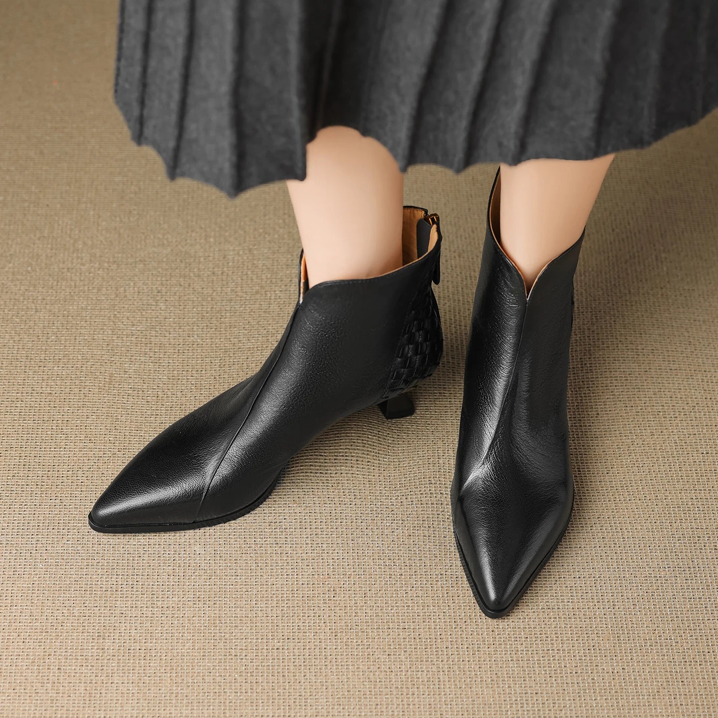 Elegant Sheepskin Leather Retro Ankle Boots Women Pointy Toe Med Thin Heels Office Lady Braided Boots Party