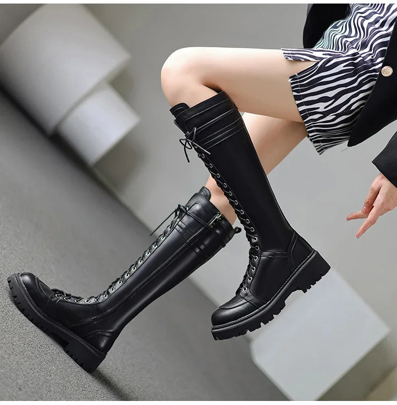 Ods Genuine Leather Women's High Knee Boots Winter Shoes Sexy Lace Up Black White Low Heels Party Shoes Girls Large Size 414243