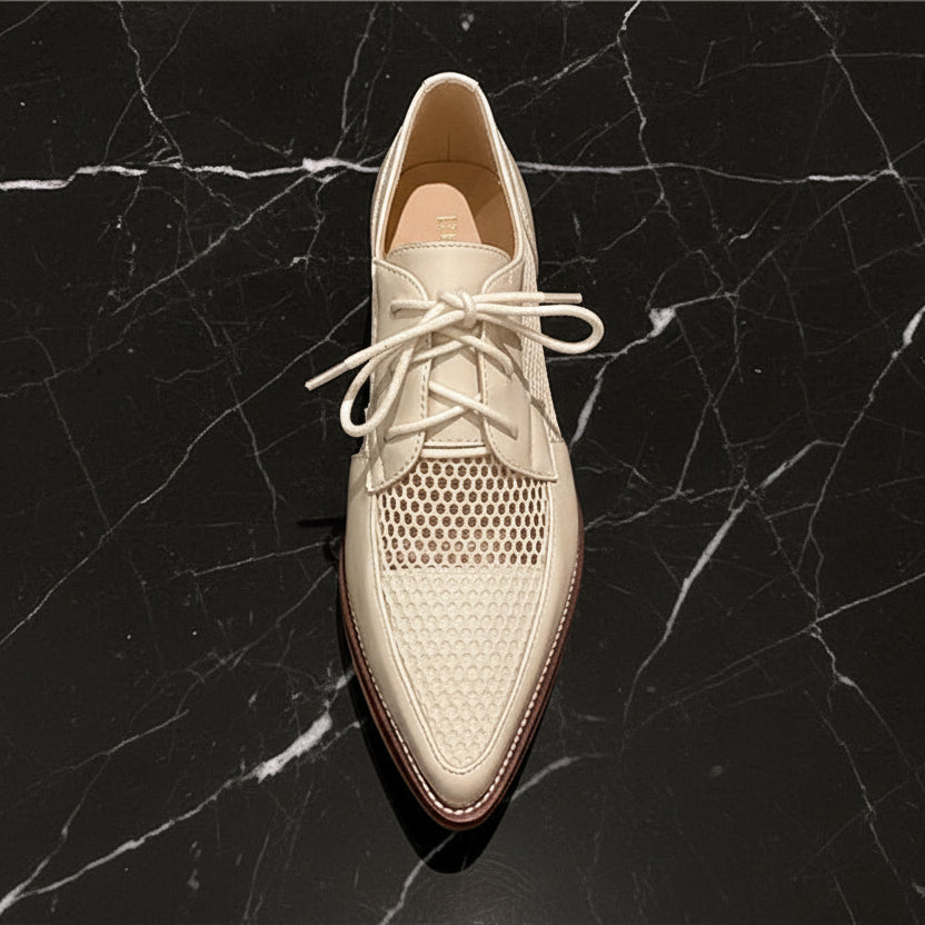 Spring Summer Genuine Leather Mesh Pumps Women Pointed Toe Lace Up Med Thick Heels Breathable Office Ladies Shoes 2025
