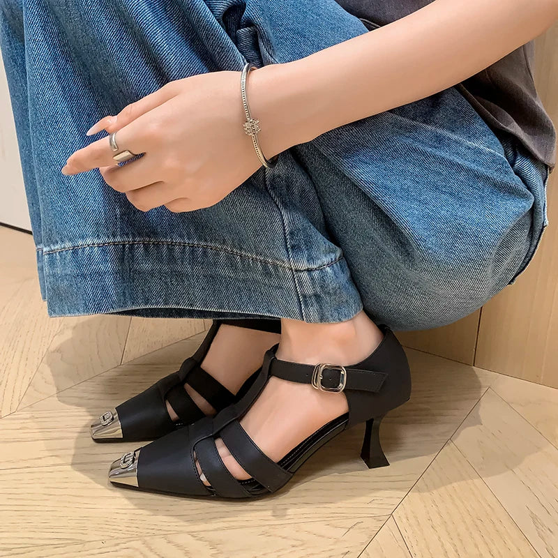 Elegant Genuine Leather Sandals Women T-Strap Metal Covered Toe Office Ladies Sandals Female Covered Back Sandals