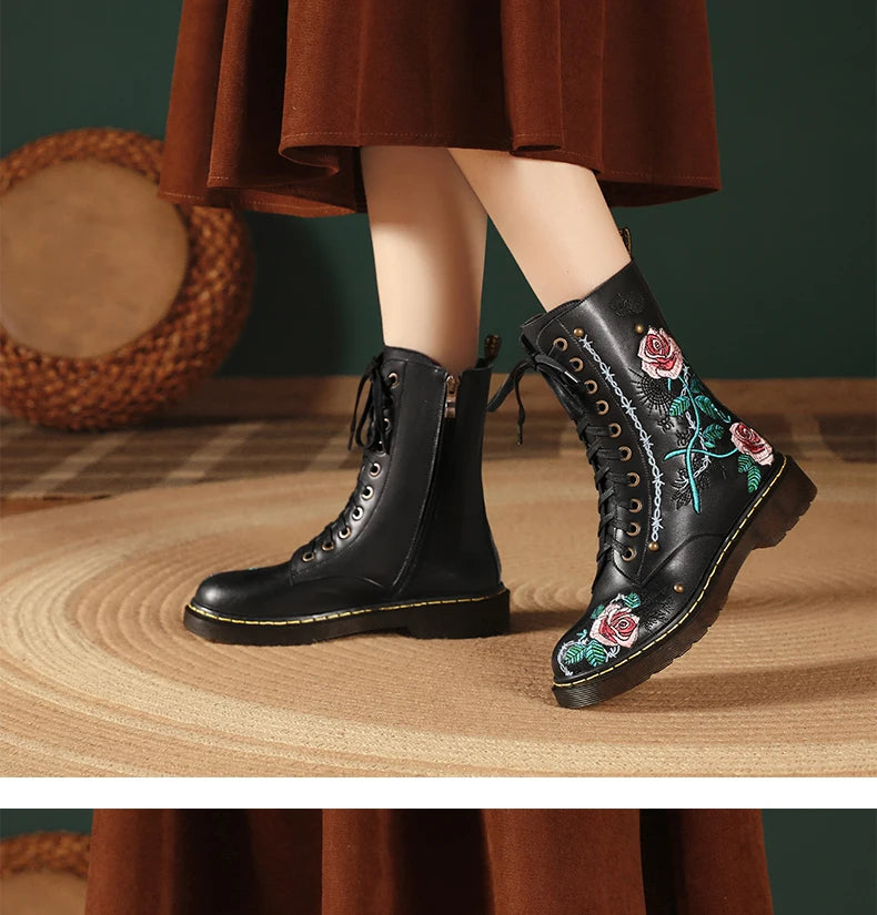 Ods Handmade Embroidery Rose Flower Retro Lace-up Mt Woman Genuine Leather Round Toe British Style Ankle Boots Big Size 40414243
