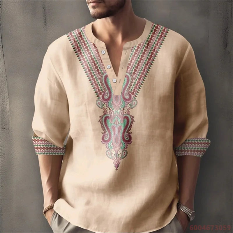 Men's Long-Sleeved Shirt for Summer Vacation, Featuring a Color-Blocked Geometric Print and Henley Collar; Stylish Men's Shirt.