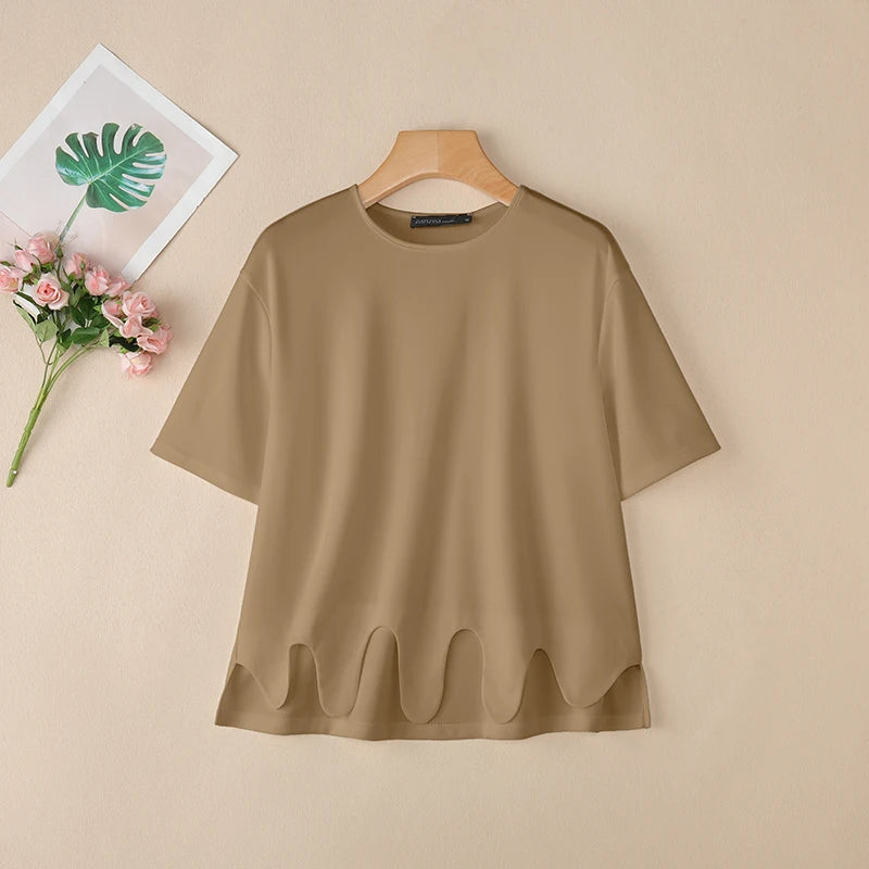 2025 ZANZEA Stylish Summer Blouse Women O Neck Short Sleeve Tops Elegant Solid OL Work Shirt Female Irregular Hem Blusas Mujer