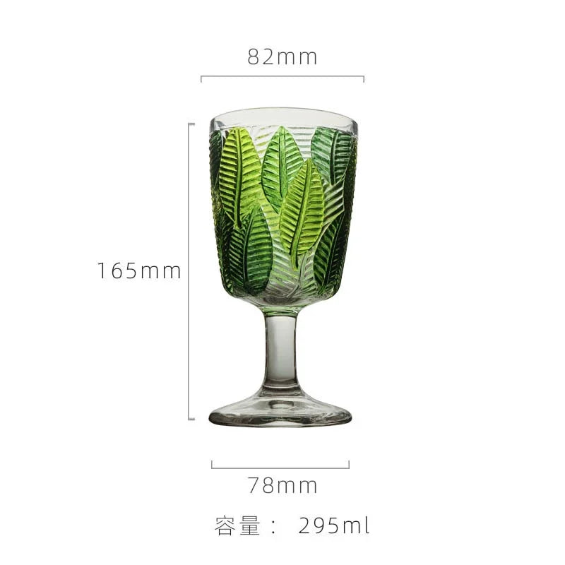 Relief Leaf Glass Cup Red Wine Glass Juice Cup Cocktail Glasses 295ml Hand Painted High Footed Cup Household Glass Wine Set